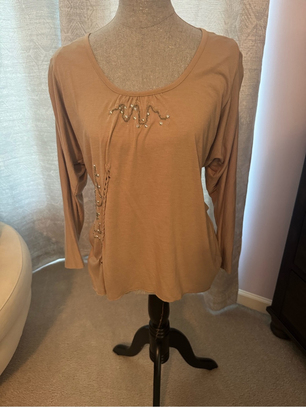 Nine West Tan Long Sleeve Scoop Neck Top with Bead Accents